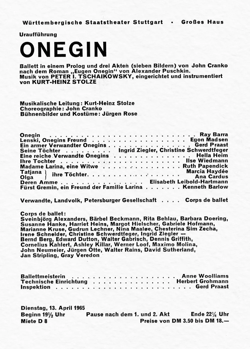 Historischer Besetzungszettel der Onegin-Uraufführung vom 13. April 1965 mit allen Tänzernamen und Rollen