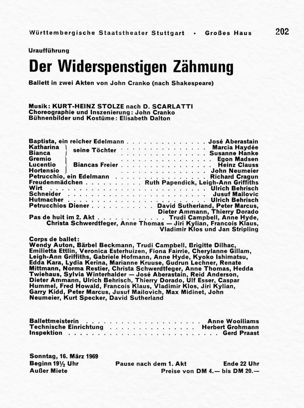 Originaler Besetzungszettel der Uraufführung Der Widerspenstigen Zähmung vom 2. Dezember 1962 mit vollständiger Besetzungsliste